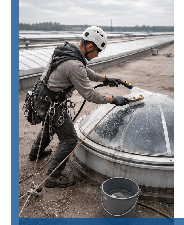 Мойка зенитных фонарей на кровле для промышленных объектов в Твери