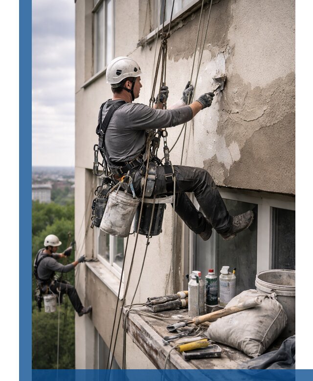 Косметический ремонт фасада зданий в Твери промышленными альпинистами