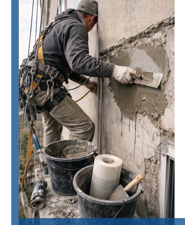 Ремонт бетонных элементов фасада промышленными альпинистами в Твери