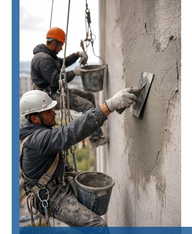 Штукатурка фасада на высоте в Твери профессиональные работы