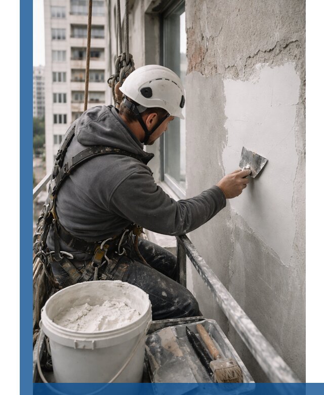 Шпаклевка фасадов на высоте с промальпинистами в Твери