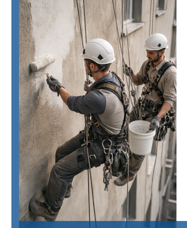 Грунтовка фасада на высоте в Твери промышленными альпинистами