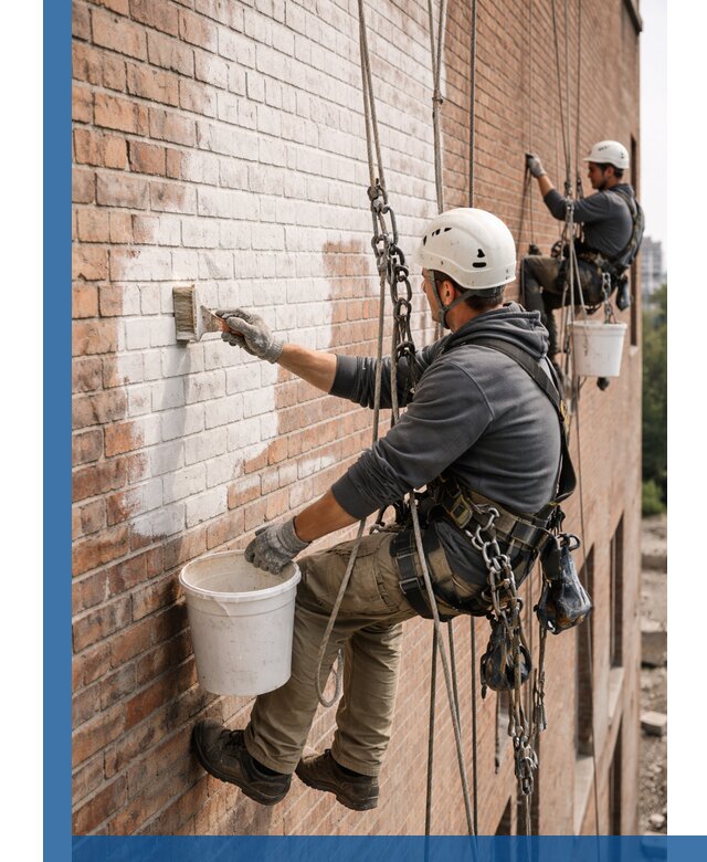 Покраска кирпичного фасада с доступным альпинистским сервисом в Твери