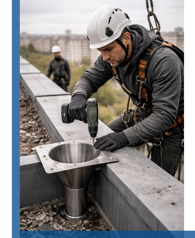 Монтаж водосточных воронок в Твери для промышленных зданий