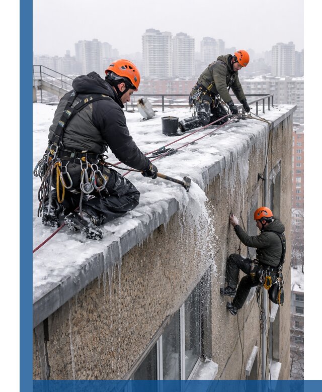 Удаление наледи с кровли в Твери промышленными альпинистами