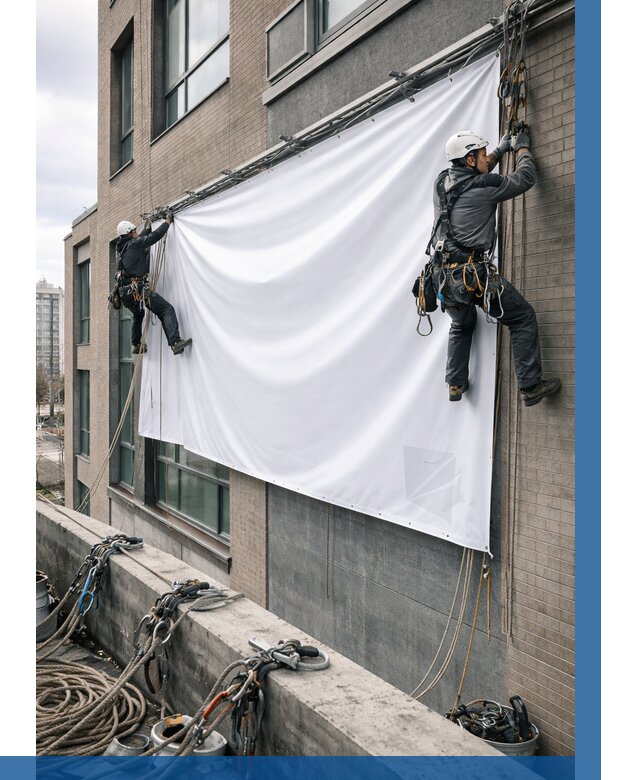 Монтаж баннеров на фасаде в Твери от 707 р. заказать ВЫСОТНИК-Твр