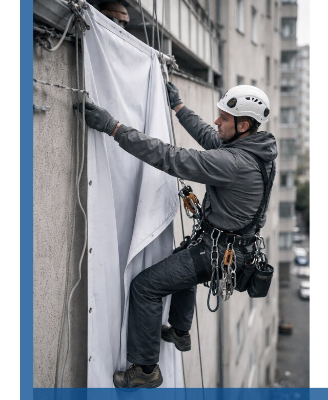 Замена баннерного полотна промышленными альпинистами в Твери