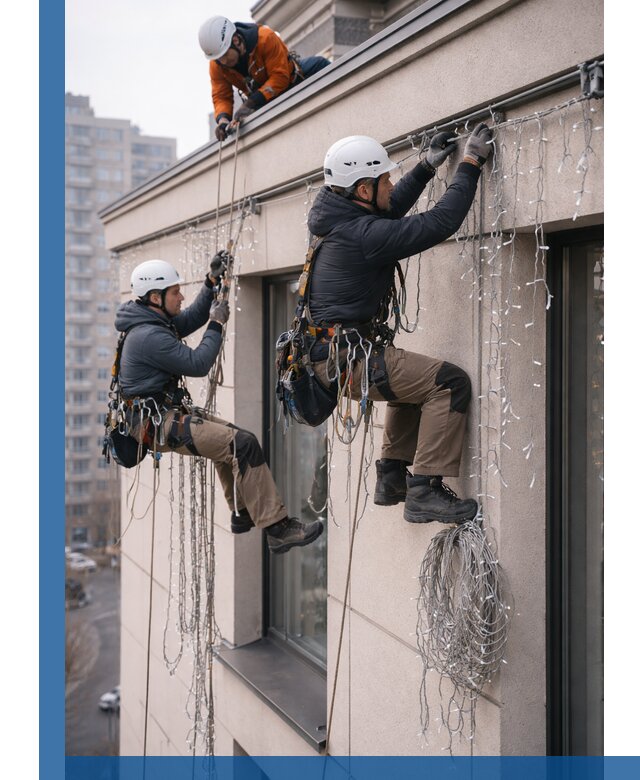 Монтаж праздничных гирлянд на фасаде в Твери для зданий