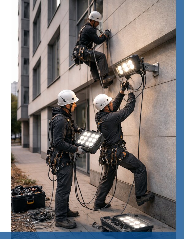 Монтаж прожекторов на фасаде в Твери от 8153 р. | ВЫСОТНИК-Твр