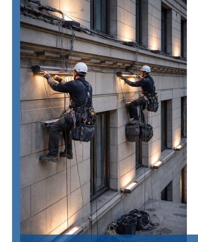 Монтаж архитектурной подсветки фасадов зданий в Твери