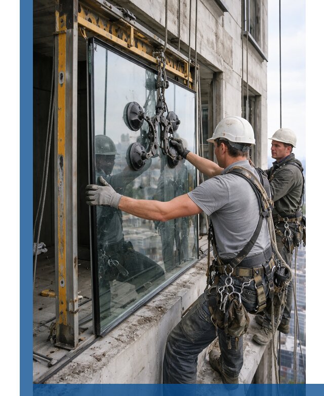 Монтаж стеклопакетов на высоте в Твери с промышленным альпинизмом
