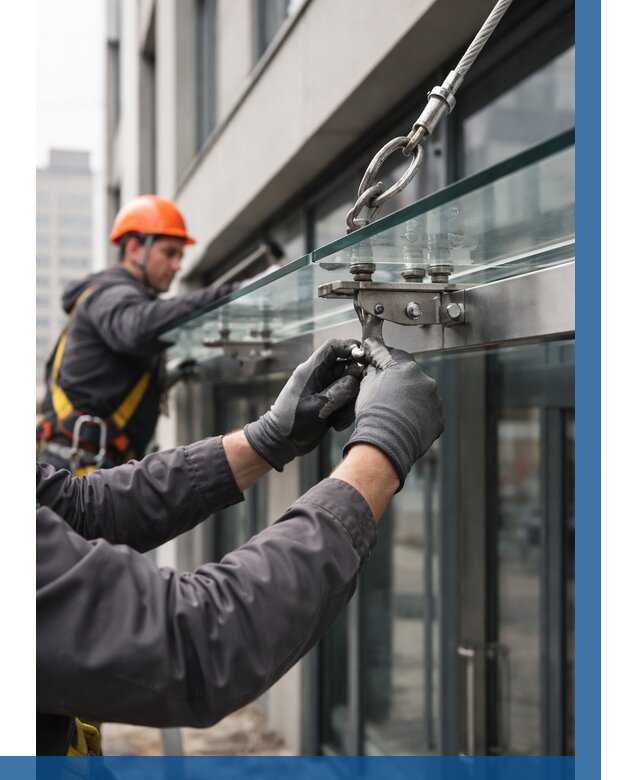 Монтаж стеклянных козырьков в Твери от 9240 р. | ВЫСОТНИК-Твр