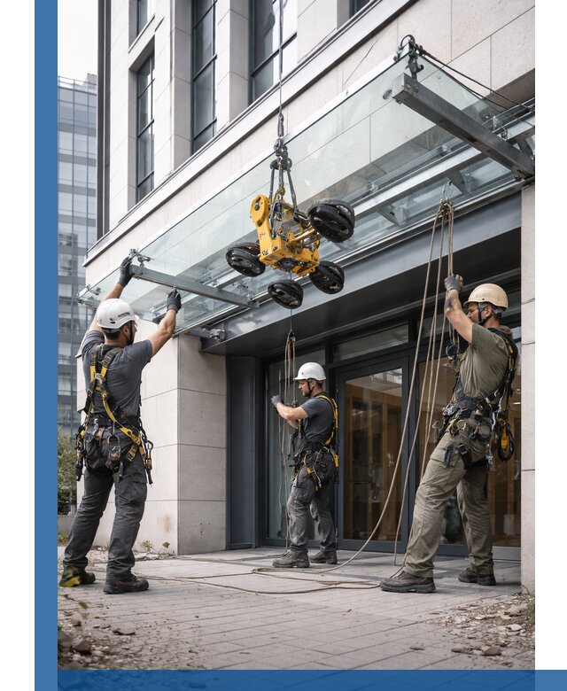 Монтаж стеклянных козырьков под ключ в Твери для зданий