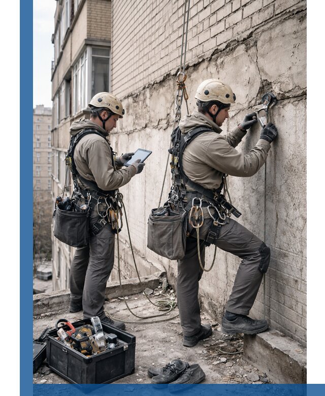 Обследование фасада промышленными альпинистами в Твери